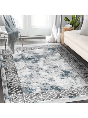 RealHomes Turkuaz Zeminde Çerçeveli Motifli Antik Desenli Geometrik Eskitme Motifli  Dijital Baskılı Makinede Yıkanabilir Kaymaz Taban Saçaklı Halı