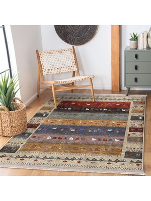 RealHomes Krem - Kırmızı Zeminde Otantik Motifli Kilim Desenli Etnik Motifler Vintage Dijital Baskılı Makinede Yıkanabilir Kaymaz Taban Saçaklı Halı