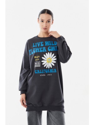 FullaModa Baskılı Bisiklet Yaka Sweatshirt