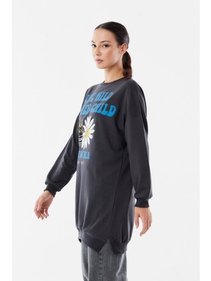 FullaModa Baskılı Bisiklet Yaka Sweatshirt