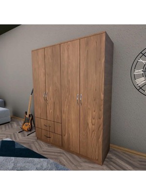 Tocco Mine 4 Kapaklı 2 Çekmeceli Çok Amaçlı Gardırop - Ceviz