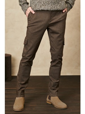 ALTINYILDIZ CLASSICS Erkek Kahverengi Slim Fit Dar Kesim Diyagonal Desenli Kargo Cepli Esnek Pantolon