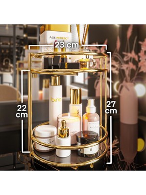 Bino Banyo Kozmetik Takı Düzenleyici Çok Amaçlı Organizer 2 Katlı Servis Sunum Tepsisi Ikramlık Gold