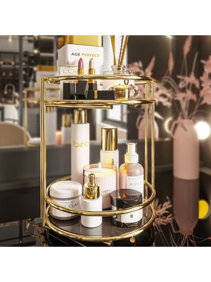 Bino Banyo Kozmetik Takı Düzenleyici Çok Amaçlı Organizer 2 Katlı Servis Sunum Tepsisi Ikramlık Gold