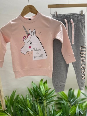 Mojo Bebek Kız Çocuk Unicorn Baskılı Eşofman Takımı 3094 Pudra