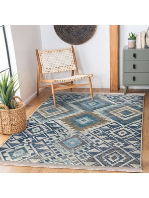 Kot Mavi Zeminde Etnik Geometrik Motifli Aztec Desenli Geometrik Klasik Salon & Oturma Odası Koridor & Antre Dijital Baskılı Makinede Yıkanabilir Kaymaz Taban Saçaklı Halı