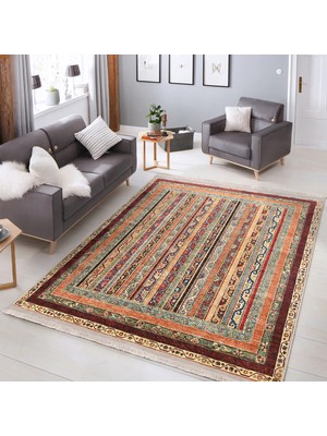 Bej Zeminde Kilim Motifli Geleneksel Desenli Avangarde Etnik Motifler Salon & Oturma Odası Koridor & Antre Dijital Baskılı Makinede Yıkanabilir Kaymaz Taban Saçaklı Halı