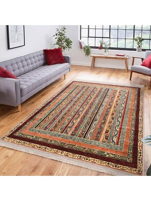 Bej Zeminde Kilim Motifli Geleneksel Desenli Avangarde Etnik Motifler Salon & Oturma Odası Koridor & Antre Dijital Baskılı Makinede Yıkanabilir Kaymaz Taban Saçaklı Halı