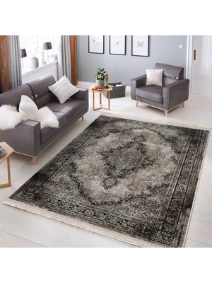 Siyah - Kahve Zeminde Kilim Motifli Uşak Desenli Avangarde Etnik Motifler Salon & Oturma Odası Koridor & Antre Dijital Baskılı Makinede Yıkanabilir Kaymaz Taban Saçaklı Halı