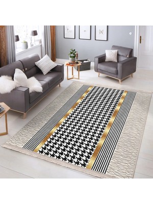 RealHomes Gold - Siyah Zeminde Geometrik Motifli Kazayağı Desenli Geometrik Klasik Koridor & Antre Yatak Odası Dijital Baskılı Makinede Yıkanabilir Kaymaz Taban Saçaklı Halı