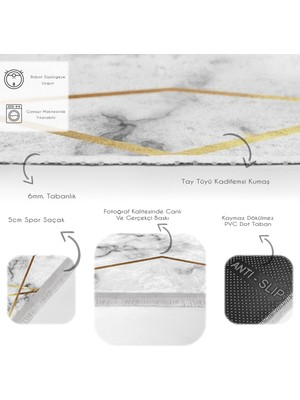 Beyaz Zeminde Modern Motifli Mermer Desenli Geometrik Klasik Salon & Oturma Odası Banyo Dijital Baskılı Makinede Yıkanabilir Kaymaz Taban Saçaklı Halı