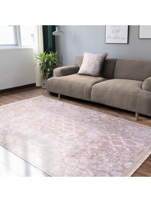 Pembe Zeminde Geometrik Motifli Eskitme Desenli Geometrik Eskitme Motifli Salon & Oturma Odası Koridor & Antre Dijital Baskılı Makinede Yıkanabilir Kaymaz Taban Saçaklı Halı