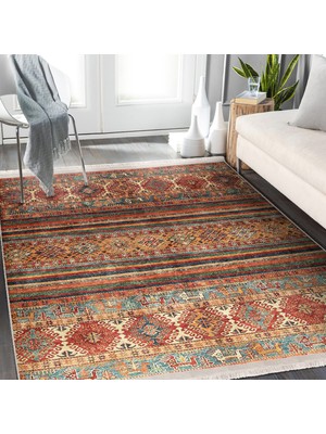 Kiremit Zeminde Kilim Motifli Baklava Desenli Etnik Motifler Avangarde Salon & Oturma Odası Salon & Oturma Odası Dijital Baskılı Makinede Yıkanabilir Kaymaz Taban Saçaklı Halı