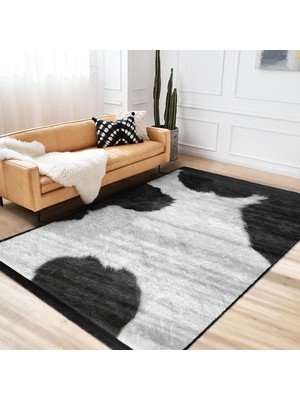 Siyah - Beyaz Zeminde Post Motifli Kürk Desenli Sade & Şık Klasik Salon & Oturma Odası Dış Mekan & Outdoor Dijital Baskılı Makinede Yıkanabilir Kaymaz Taban Saçaklı Halı