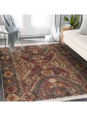 Kahverengi Zeminde Antik Motifli Uşak Desenli Etnik Motifler Vintage Salon & Oturma Odası Yatak Odası Dijital Baskılı Makinede Yıkanabilir Kaymaz Taban Saçaklı Halı