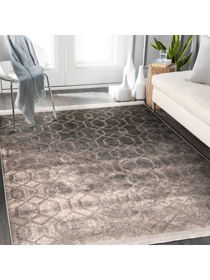 RealHomes Kahverengi Zeminde Geometrik Motifli Antik Desenli Sade & Şık Geometrik Koridor & Antre Dış Mekan & Outdoor Dijital Baskılı Makinede Yıkanabilir Kaymaz Taban Saçaklı Halı