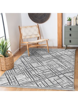 Gri - Siyah Zeminde Çizgili Motifli Eskitme Desenli Geometrik Klasik Salon & Oturma Odası Yatak Odası Dijital Baskılı Makinede Yıkanabilir Kaymaz Taban Saçaklı Halı