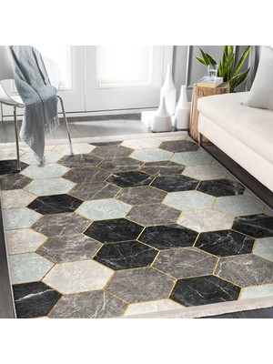 Siyah - Kahvernegi Zeminde Geometrik Motifli Altıgen Desenli Geometrik Klasik Salon & Oturma Odası Mutfak Dijital Baskılı Makinede Yıkanabilir Kaymaz Taban Saçaklı Halı