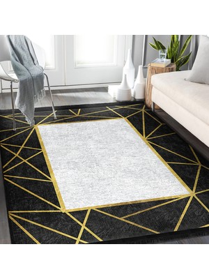 Siyah Zeminde Çerçeveli Motifli Klasik Desenli Geometrik Klasik Salon & Oturma Odası Yatak Odası Dijital Baskılı Makinede Yıkanabilir Kaymaz Taban Saçaklı Halı