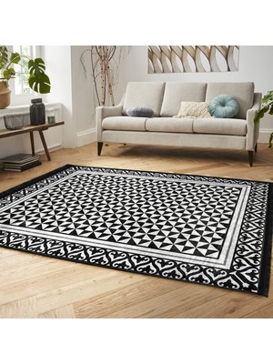 Siyah - Beyaz Zeminde Çerçeveli Motifli Geometrik Desenli Geometrik Sade & Şık Salon & Oturma Odası Ofis Dijital Baskılı Makinede Yıkanabilir Kaymaz Taban Saçaklı Halı