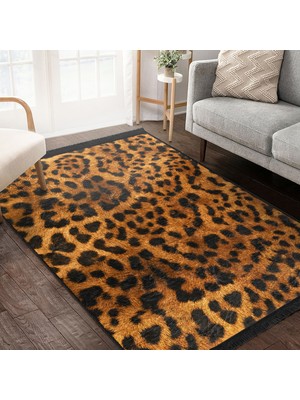 Siyah - Turuncu Zeminde Leopar Motifli Kürk Desenli Sade & Şık Klasik Dış Mekan & Outdoor Salon & Oturma Odası Dijital Baskılı Makinede Yıkanabilir Kaymaz Taban Saçaklı Halı