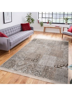 Krem Zeminde Patchwork Motifli Antik Desenli Etnik Motifler Vintage Koridor & Antre Salon & Oturma Odası Dijital Baskılı Makinede Yıkanabilir Kaymaz Taban Saçaklı Halı