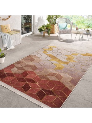 Kremit - Gold Zeminde Mozaik Motifli Geometrik Desenli Geometrik Sade & Şık Salon & Oturma Odası Banyo Dijital Baskılı Makinede Yıkanabilir Kaymaz Taban Saçaklı Halı