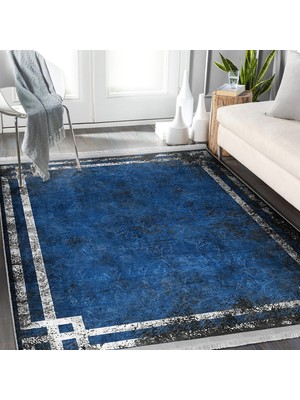 Lacivert Zeminde Çerçeveli Motifli Eskitme Desenli Sade & Şık Eskitme Motifli Salon & Oturma Odası Yatak Odası Dijital Baskılı Makinede Yıkanabilir Kaymaz Taban Saçaklı Halı