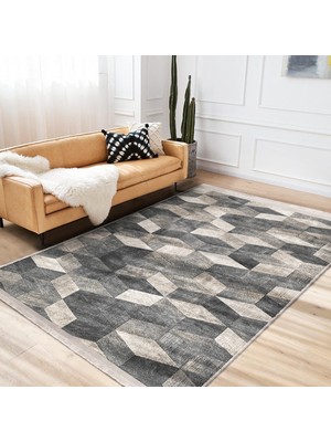 Bej - Gri Zeminde Örgü Motifli Geometrik Desenli Geometrik Eskitme Motifli Salon & Oturma Odası Koridor & Antre Dijital Baskılı Makinede Yıkanabilir Kaymaz Taban Saçaklı Halı