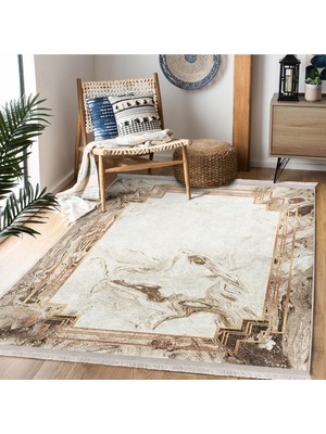 Bej Zeminde Çerçeveli Motifli Mermer Desenli Geometrik Vintage Salon & Oturma Odası Dış Mekan & Outdoor Dijital Baskılı Makinede Yıkanabilir Kaymaz Taban Saçaklı Halı
