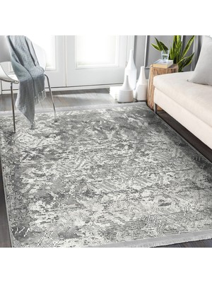 RealHomes Gri Zeminde Eskitme Motifli Retro Desenli Eskitme Motifli Vintage Koridor & Antre Salon & Oturma Odası Dijital Baskılı Makinede Yıkanabilir Kaymaz Taban Saçaklı Halı
