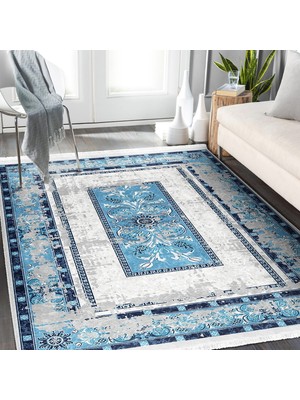 Mavi Zeminde Eskitme Motifli Kilim Desenli Eskitme Motifli Vintage Salon & Oturma Odası Yatak Odası Dijital Baskılı Makinede Yıkanabilir Kaymaz Taban Saçaklı Halı