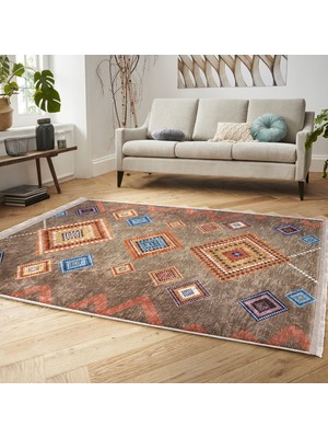 Kahverengi Zeminde Tribal Motifli Kilim Desenli Etnik Motifler Geometrik Koridor & Antre Dış Mekan & Outdoor Dijital Baskılı Makinede Yıkanabilir Kaymaz Taban Saçaklı Halı