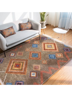 Kahverengi Zeminde Tribal Motifli Kilim Desenli Etnik Motifler Geometrik Koridor & Antre Dış Mekan & Outdoor Dijital Baskılı Makinede Yıkanabilir Kaymaz Taban Saçaklı Halı