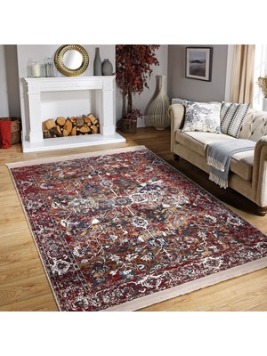 Kırmızı Zeminde Dokuma Halı Motifli Kilim Desenli Etnik Motifler Eskitme Motifli Salon & Oturma Odası Dış Mekan & Outdoor Dijital Baskılı Makinede Yıkanabilir Kaymaz Taban Saçaklı Halı