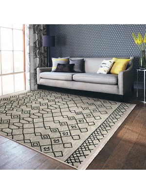 Bej - Siyah Zeminde Boho Motifli Etnik Desenli Etnik Motifler Geometrik Salon & Oturma Odası Dış Mekan & Outdoor Dijital Baskılı Makinede Yıkanabilir Kaymaz Taban Saçaklı Halı