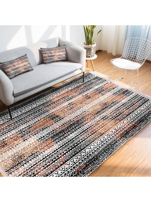 RealHomes Siyah - Kremit Zeminde Etnik Motifli Eskitme Desenli Geometrik Eskitme Motifli Koridor & Antre Mutfak Dijital Baskılı Makinede Yıkanabilir Kaymaz Taban Saçaklı Halı
