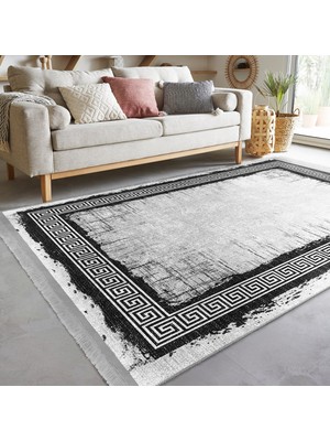 Gri - Siyah Zeminde Çerçeveli Motifli Eskitme Desenli Geometrik Sade & Şık Salon & Oturma Odası Dış Mekan & Outdoor Dijital Baskılı Makinede Yıkanabilir Kaymaz Taban Saçaklı Halı