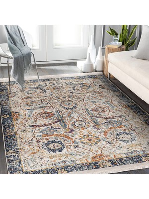 Ekru - Mavi Zeminde Otantik Motifli Osmanlı Desenli Avangarde Eskitme Motifli Salon & Oturma Odası Dış Mekan & Outdoor Dijital Baskılı Makinede Yıkanabilir Kaymaz Taban Saçaklı Halı