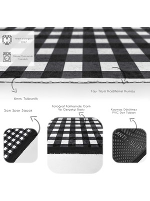 Siyah - Beyaz Zeminde Ekose Motifli Kareli Desenli Sade & Şık Geometrik Ofis Koridor & Antre Dijital Baskılı Makinede Yıkanabilir Kaymaz Taban Saçaklı Halı