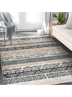 Krem - Gri Zeminde Iskandinav Motifli Kilim Desenli Geometrik Etnik Motifler Mutfak Salon & Oturma Odası Dijital Baskılı Makinede Yıkanabilir Kaymaz Taban Saçaklı Halı