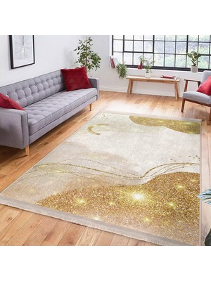 Gold - Krem Zeminde Kanvas Motifli Modern Sanat Desenli Bohem Modern Salon & Oturma Odası Dış Mekan & Outdoor Dijital Baskılı Makinede Yıkanabilir Kaymaz Taban Saçaklı Halı