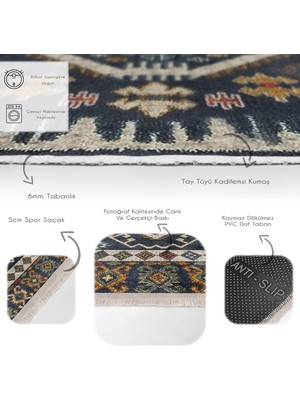 Lacivert Zeminde Kilim Motifli Baklava Desenli Etnik Motifler Vintage Salon & Oturma Odası Koridor & Antre Dijital Baskılı Makinede Yıkanabilir Kaymaz Taban Saçaklı Halı