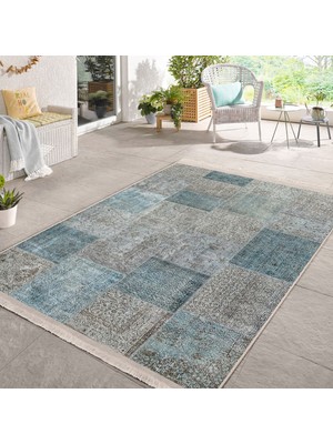 Krem - Mavi Zeminde Patchwork Motifli Geleneksel Desenli Vintage Klasik Salon & Oturma Odası Yatak Odası Dijital Baskılı Makinede Yıkanabilir Kaymaz Taban Saçaklı Halı