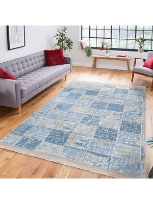 Mavi - Gri Zeminde Örgü Motifli Patchwork Desenli Eskitme Motifli Sade & Şık Koridor & Antre Salon & Oturma Odası Dijital Baskılı Makinede Yıkanabilir Kaymaz Taban Saçaklı Halı