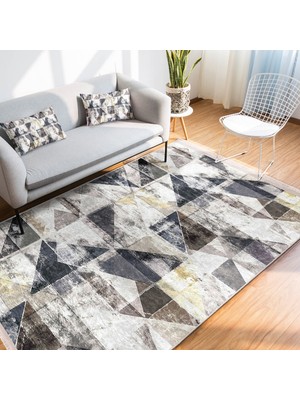 Ekru Zeminde Üçgen Motifli Geometrik Desenli Eskitme Motifli Vintage Salon & Oturma Odası Koridor & Antre Dijital Baskılı Makinede Yıkanabilir Kaymaz Taban Saçaklı Halı