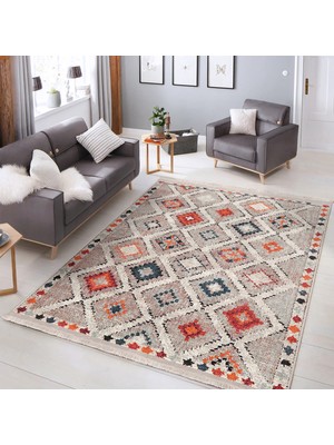 Çok Renkli Zeminde Kilim Motifli Pers Desenli Vintage Avangarde Salon & Oturma Odası Koridor & Antre Dijital Baskılı Makinede Yıkanabilir Kaymaz Taban Saçaklı Halı