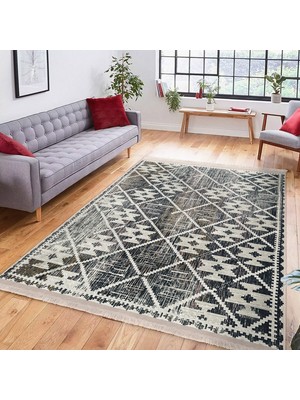Gri - Bej Zeminde Aztek Motifli Eskitme Desenli Geometrik Klasik Koridor & Antre Salon & Oturma Odası Dijital Baskılı Makinede Yıkanabilir Kaymaz Taban Saçaklı Halı