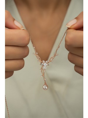 Nereze 925 Ayar Gümüş Rose Zirkon Damla Taşlı Sarmaşık Kolye