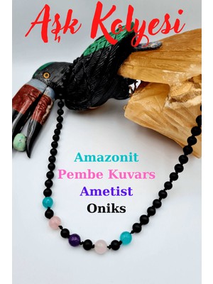 Gümüştel El Sanatları Aşk Kolyesi Doğal Taş Amazonit Pembe Kuvars Ametist Oniks